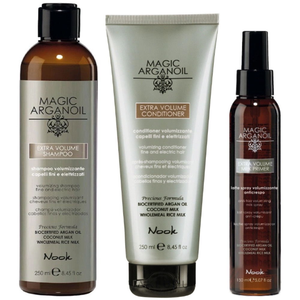 Pachet extra volum Magic Argan Oil sampon 250 ml, balsam 250 ml, lapte de par 150 ml