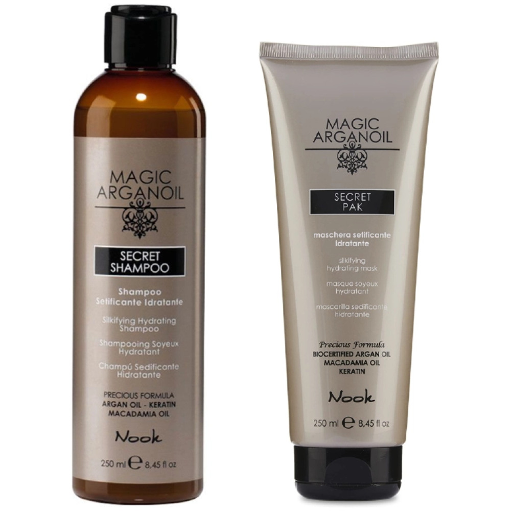 Pachet mic pentru hidratarea parului Magic Argan Oil Secret, sampon 250 ml, masca 250 ml