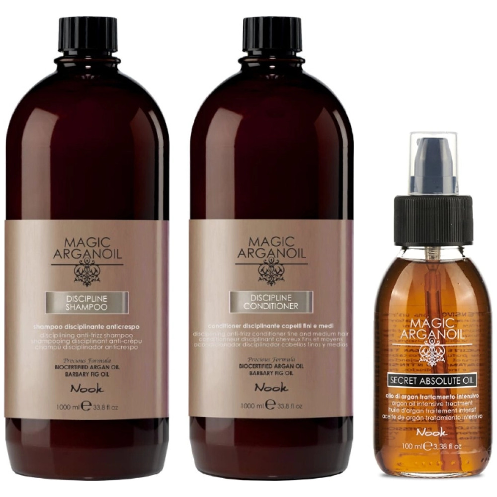 Pachet netezire Magic Argan Oil Discipline, sampon 1000 ml, balsam 1000 ml, ulei de argan 100 ml
