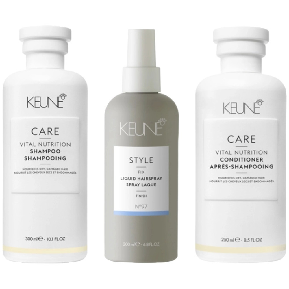 Pachet par uscat Care vital Nutrition - Sampon 300ml, Balsam 250ml, Fixativ lichid Hairspray 200ml