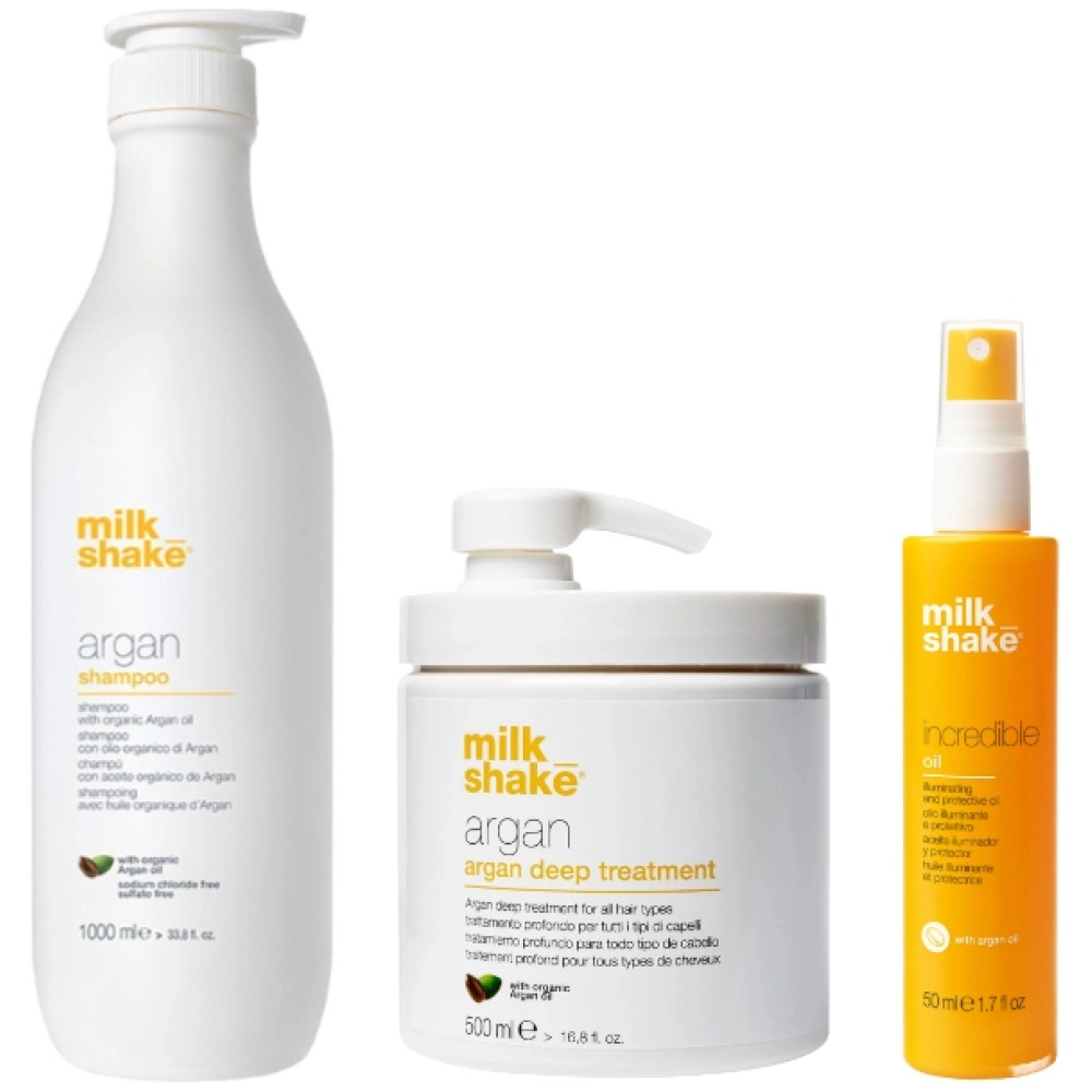 Pachet pentru toate tipurile de par - Sampon Argan 1000 ml, Tratament Deep 500 ml, Ulei 50ml