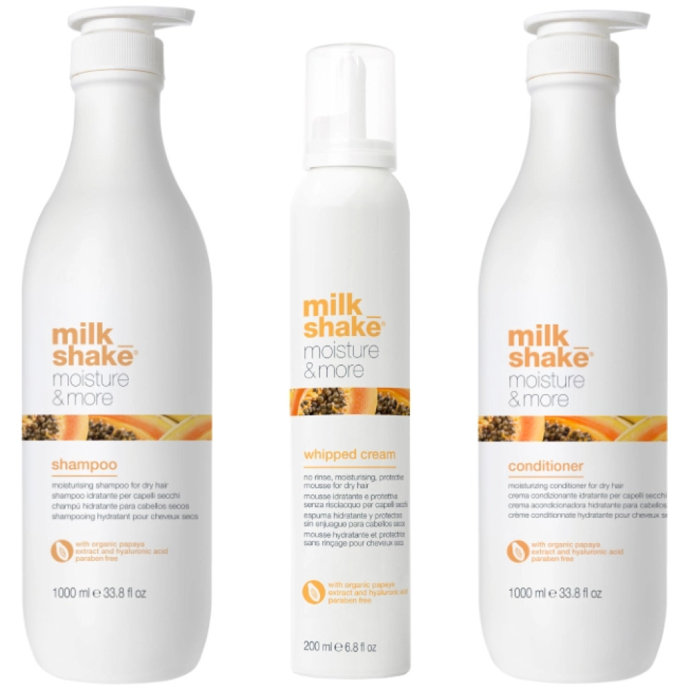 Pachet par uscat Moisture & More - Sampon 1000 ml, Balsam 1000 ml, Spuma 200 ml