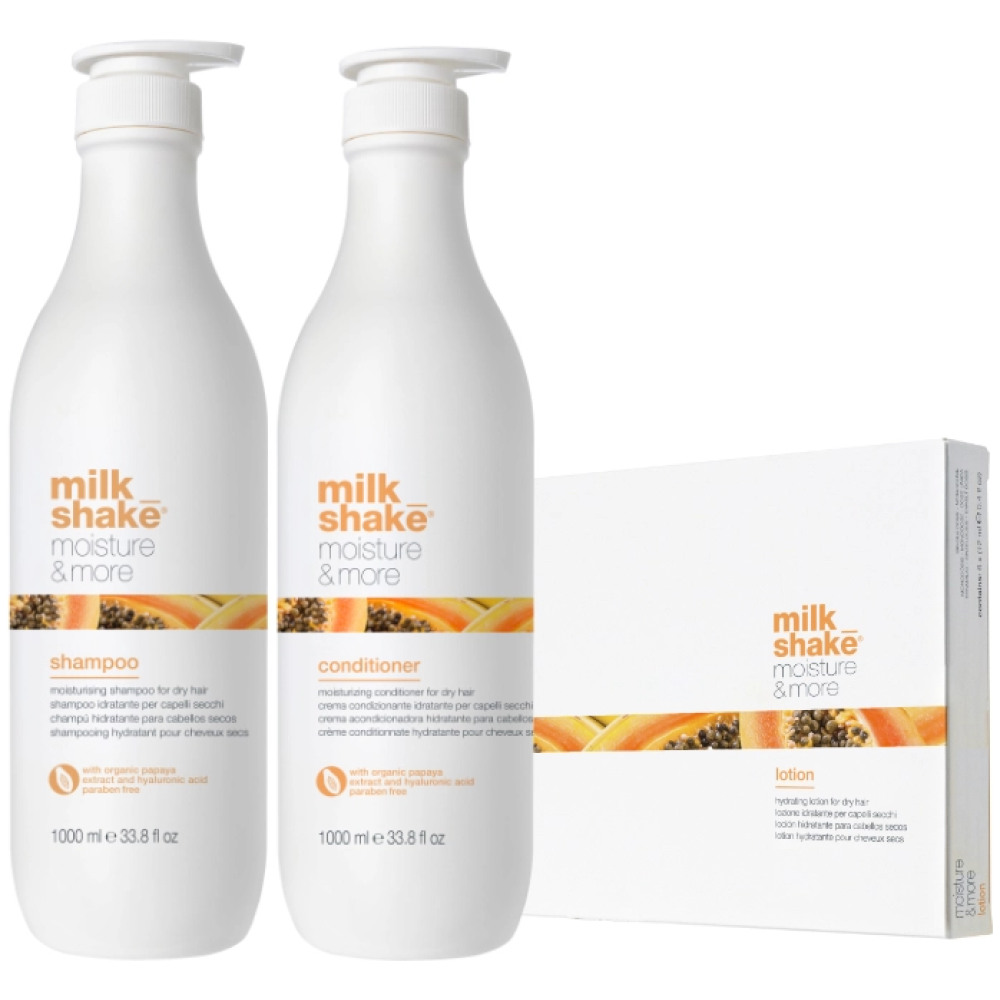 Pachet par uscat Moisture & More - Sampon 1000 ml, Balsam 1000 ml, Fiole 6x12 ml