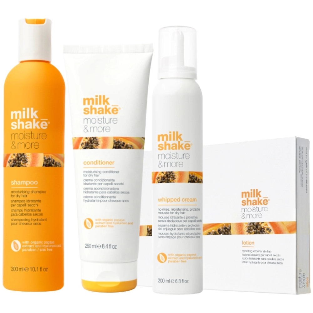 Pachet par uscat Moisture & More - Sampon 300 ml, Balsam 250 ml, Spuma 200 ml, Fiole 6x12 ml