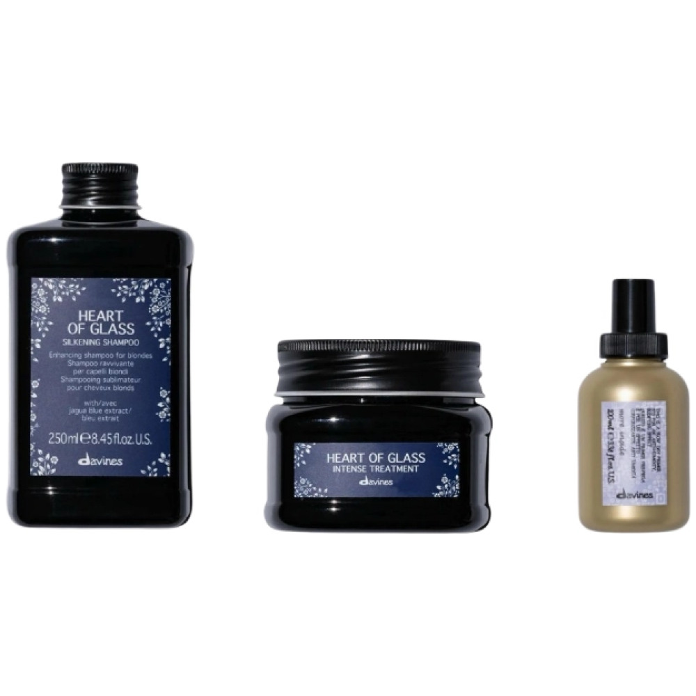 Set pentru parul blond Heart of Glass - Sampon 250ml, Tratament 150ml, Spray de protectie 100ml