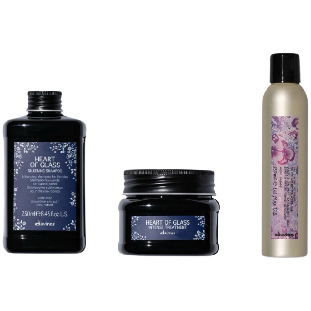 Set pentru parul blond Heart of Glass - Sampon 250ml, Tratament 150ml, Spray texturizant 250ml