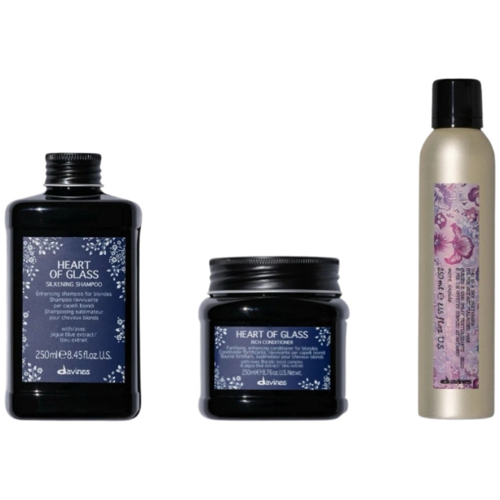 Set pentru parul blond Heart of Glass - Sampon 250ml, Balsam 250ml, Spray texturizant 250ml