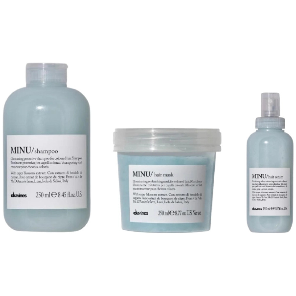 Set de stralucire pentru parul vopsit MINU - Sampon 250ml, Masca 250ml, Serum leave-in 150ml