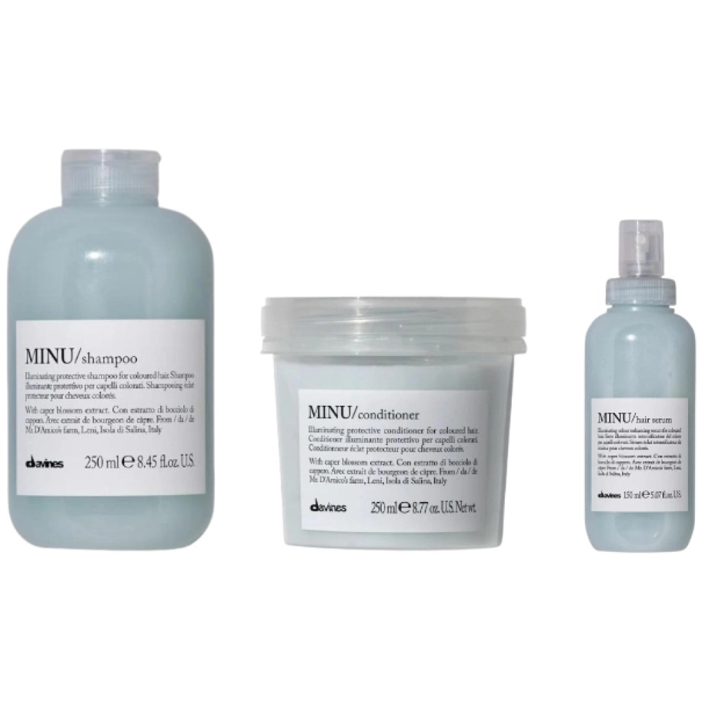 Set de stralucire pentru parul vopsit MINU - Sampon 250ml, Balsam 250ml, Serum leave-in 150ml
