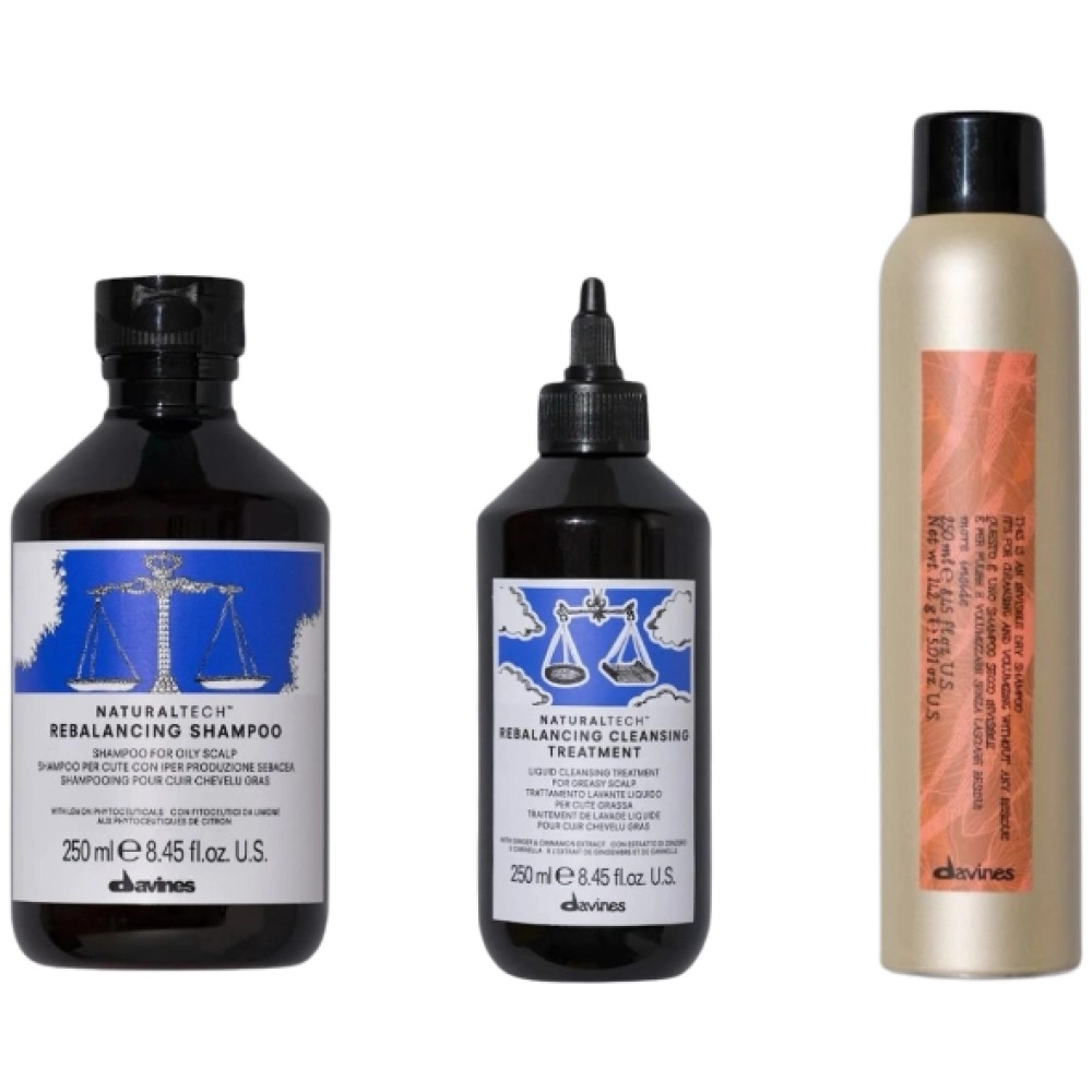Set pentru parul gras Naturaltech Rebalancing - Sampon 250ml, Tratament 250ml, Sampon uscat 250ml
