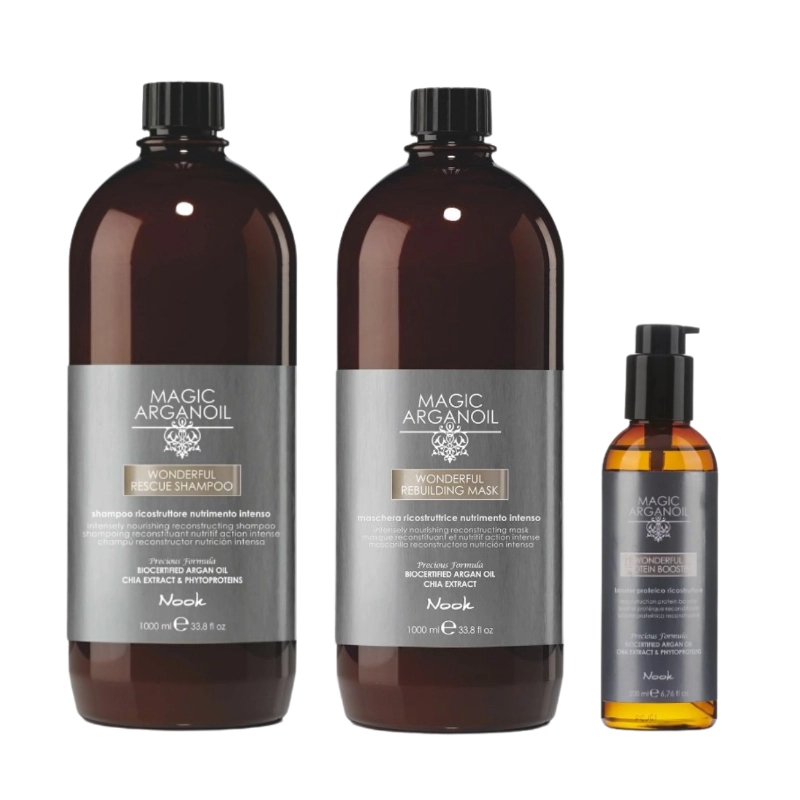 Pachet restructurare wonderful magic argan oil - sampon 1000ml, masca 1000ml, booster 200ml